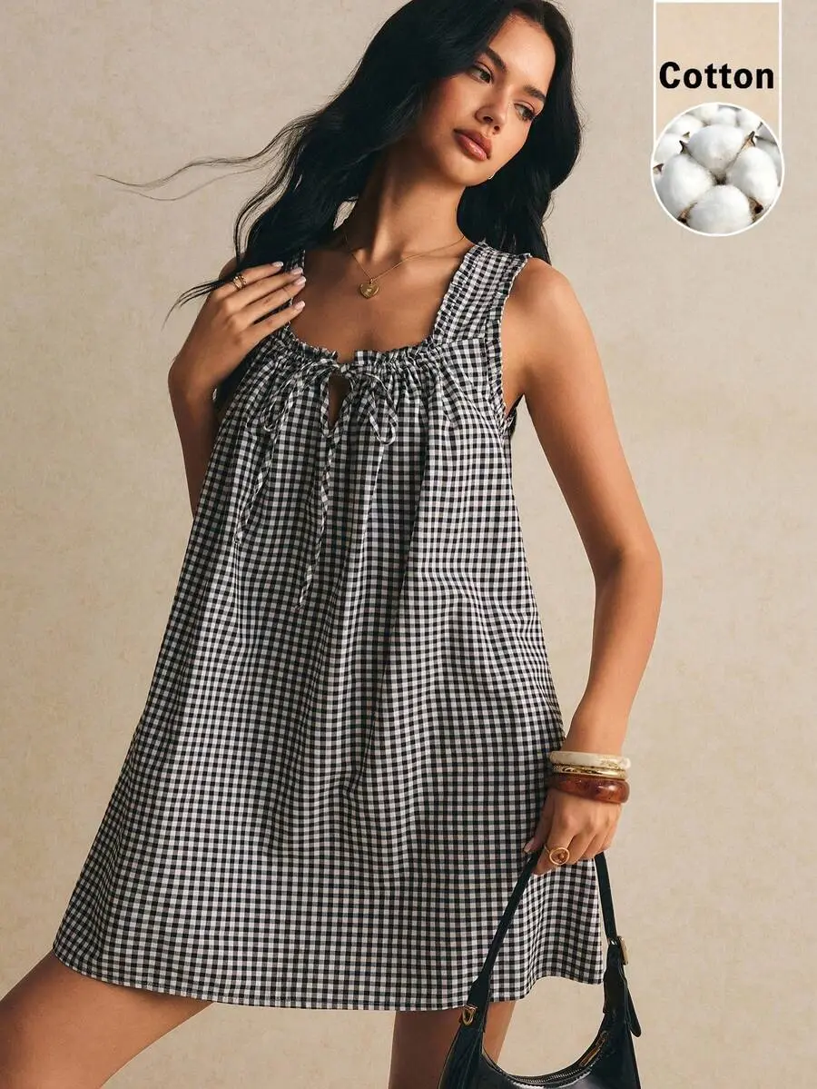 MURACHIC Women's Cotton Dress Black Gingham Checkered Mini Sleeveless Tie Front Square Neck Babydoll Sundress Loose A-Line Picnic For Summer Vacation Old Money