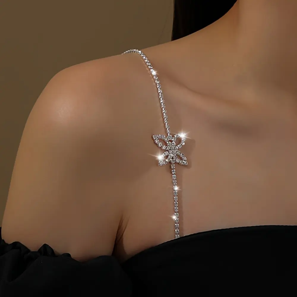 Elegant Shining Butterfly Body Chain - Adjustable Rhinestone Shoulder Strap, Chic Off-Shoulder Accessory for Parties and Daily Wear curb