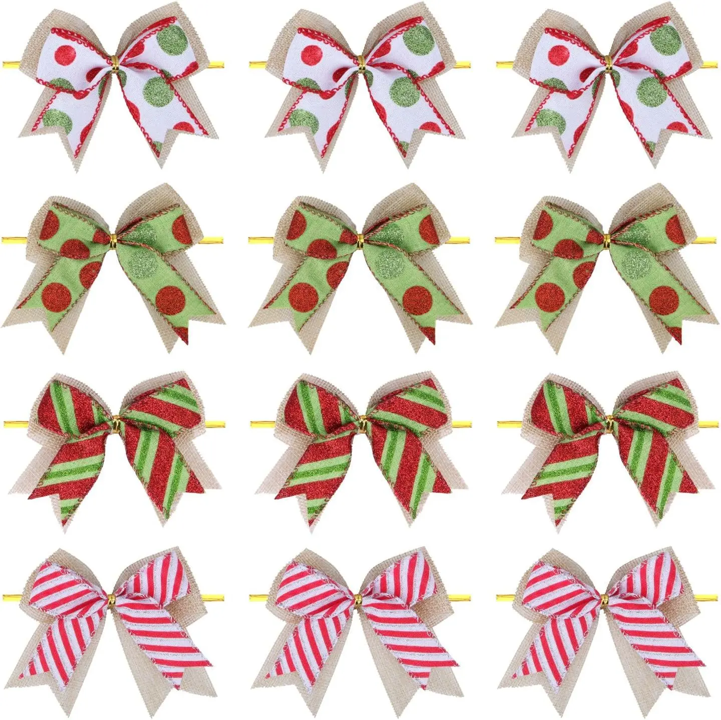 12 Pcs Christmas Candy Bow 4 Inch Burlap with Red and Green Dot Bows Glitter