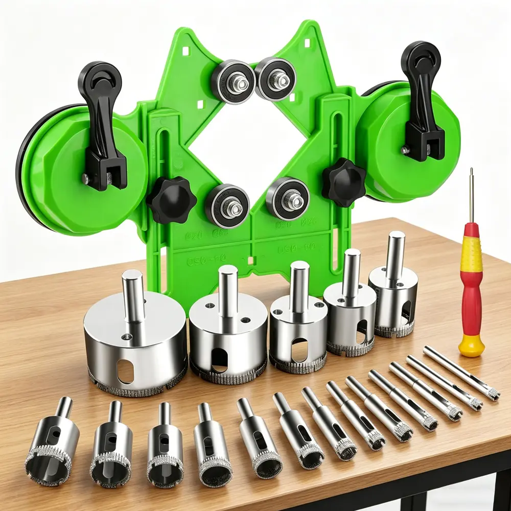 18-Piece Diamond Hole Saw Kit with Double Cup Suction Guide, 6-50mm Dry/Wet Drill Bits for Tiles, Ceramic, Glass, Porcelain, Marble, Granite (Masonry & Tiling Hand Tool)