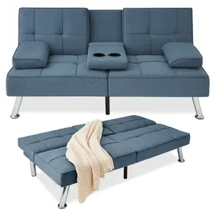 Best Choice Products Modern Linen Convertible Futon Sofa Bed w/ Removable Armrests, Metal Legs, Cupholders