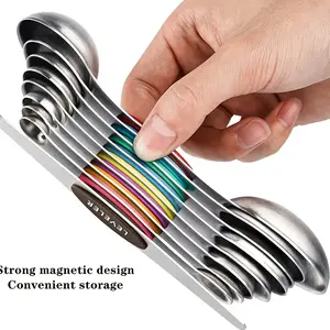 Premium Magnetic Measuring Spoons Set|Strong N52 Magnets|Heavy Duty Stainless Steel|Dual-Sided for Spice Jar & Liquid Measuring|Dishwasher Safe|9 Spoons with Leveler for Baking & Cooking (Colorful)