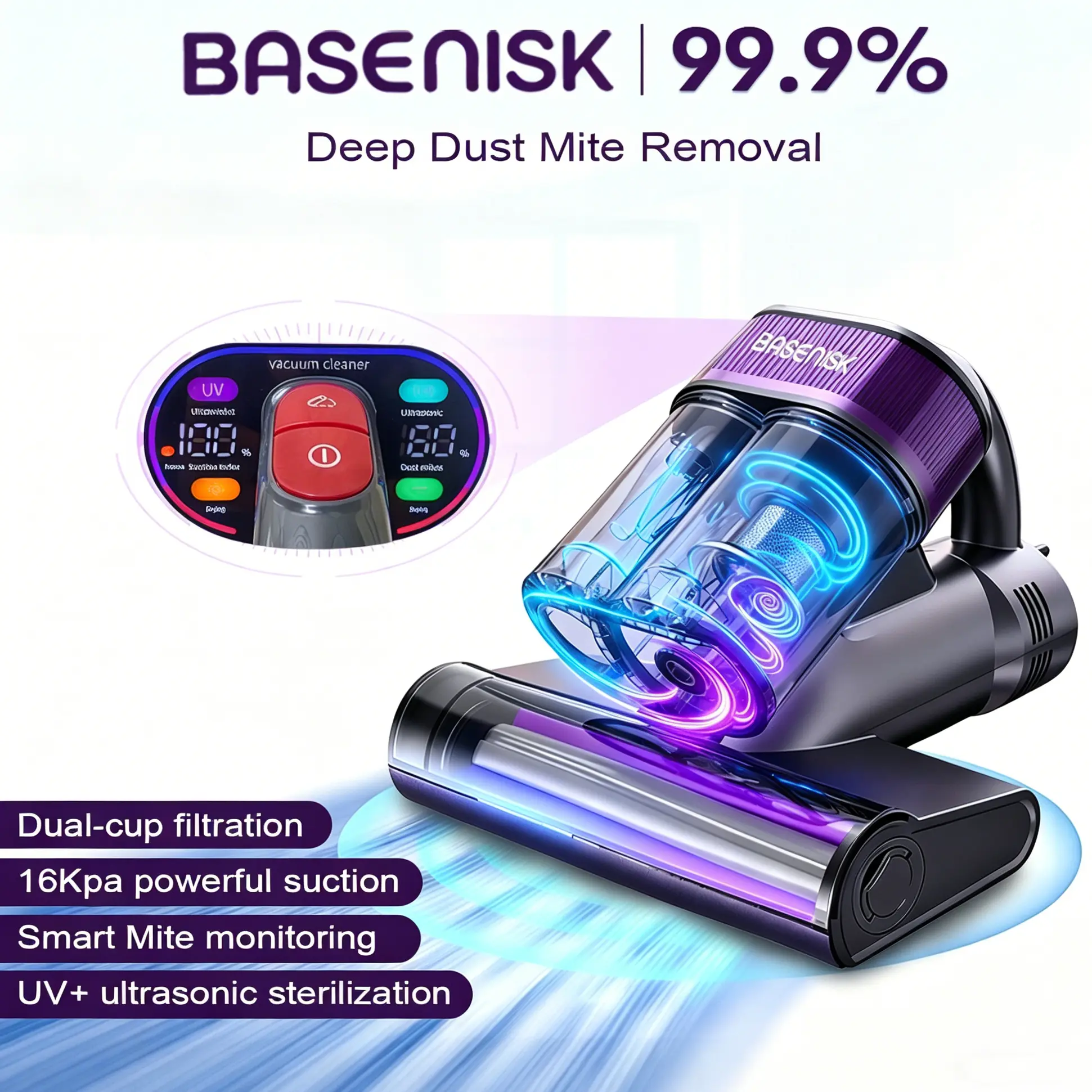 BASENISK Handheld Mattress Vacuum Cleaner - 16Kpa Powerful Suction, UV-C Light, Smart Mite Detection, Double-Cup Compact Multi-Speed, Fabric-Safe, HEPA Filter, Aromatherapy, Lightweight for Bed, Sofa, Carpet,dorm essentials,home essentials tiktokshopbackt