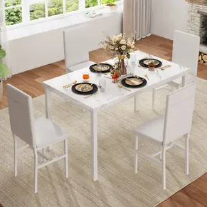 Mid-Century AWQM 5-Piece Dining Set: Marble Table & 4 Faux Leather Chairs. Ideal for Kitchen, Living Room, Small Spaces. Waterproof Wine Included