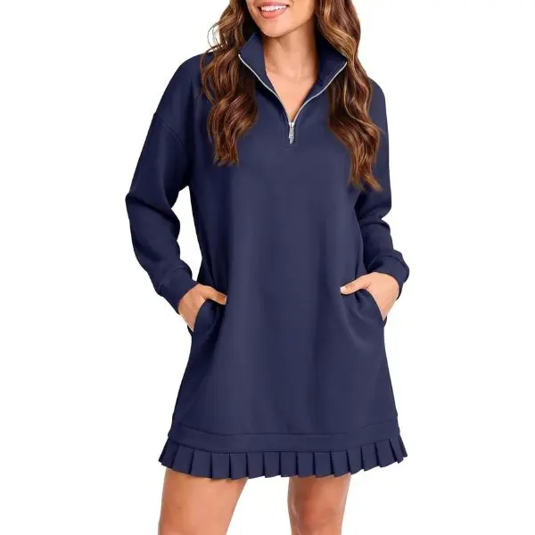 Fisoew Women's Casual Ruffled Flowy Light Sporty Polo Tunic Sweatshirt Dress - Long-Sleeve, Pleated Collar, Quarter-Zip V-Neck, Loose-Fit, Smooth, Adjustable Belt, Pockets, Breathable, Tennis-Suitable, Elegant