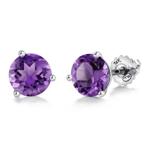 Gem Stone King 14K White Gold Martini Earrings | 3 Prong Screw Back Stud Earrings For Women Men | Round 6MM | Gemstone Birthstone | White Gold Earrings For Women Men