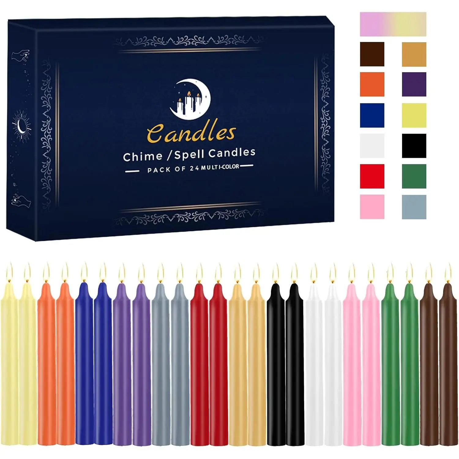24 Pack Assorted Color Spell Chime Candles -  Mini Unscented Taper Candles for Rituals, Prayer, Birthdays, Meditation, Altar, Spells, Chime Candles - 4 Inch Tall - Ideal for Witches