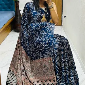 PURE AJRAKH SATIN PRINT SAREE WITH BLOUSE PIECES