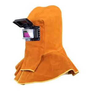 Cowhide Leather Welding Helmet with Solar Auto-Darkening Lens & Neck/Shoulder Drape Heavy-Duty Heat & Spark Protection for Torch Cutting Arc Welding
