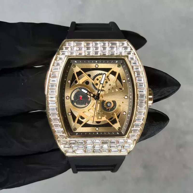 MaxBling81 Men's Iced Baguette Stone Hip Hop Rapper Watch - Diamond-Embellished, Square, Crystal-Style, Luxury Iced Quartz Watch, Japanese Quartz Movement, Waterproof Silicone Band, Fashion Accessory, Diamond-Embellished Quartz Watches, Square Quartz Watc