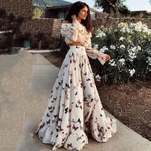 2025 European And American Internet Celebrity Butterfly Print Two-piece Bohemian Long Skirt Beach Dress With Large Skirt