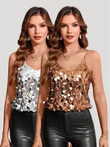 Women's Fashion Summer Sequin Sleeveless Camisole, this sexy sequin camisole top is perfect for dates, parties, and nightclub wear.
