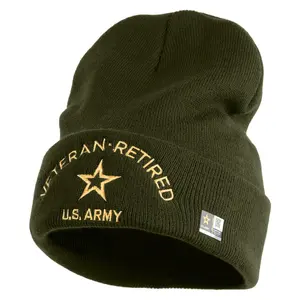 Star US Army Veteran Retired Logo Embroidered 12 Inch Long Knitted Beanie