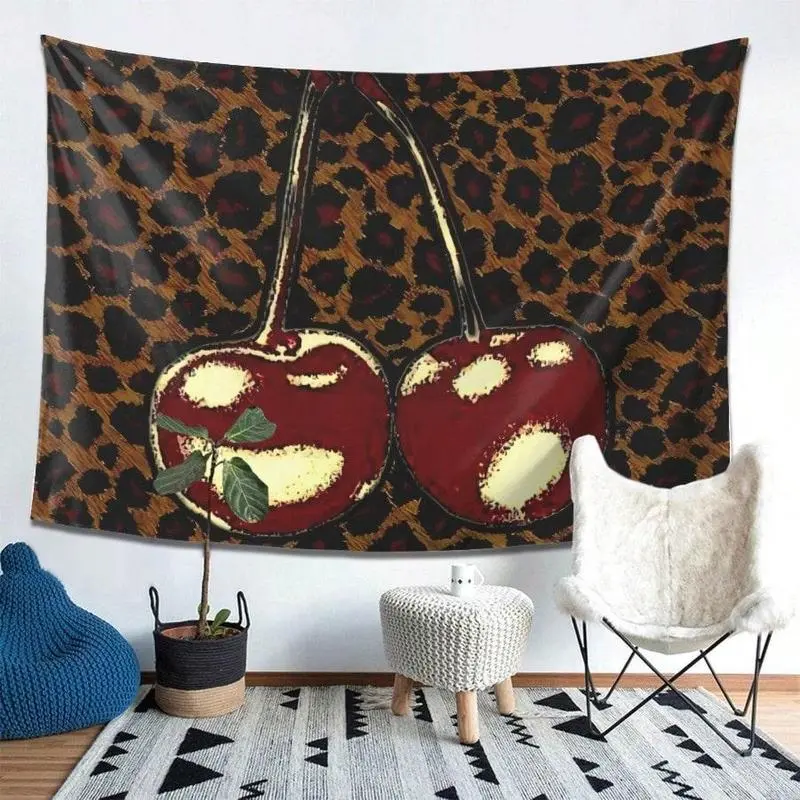 [Tapestry Wall Hanging] Cherry & Leopard Print Tapestry Wall Hanging - Premium Peach Light Beige Fabric, Horizontal Design For Living Room, Bedroom, Office & Party Decor - Perfect Gift For Home & Festive Occasions, Wall Decorations For Home summerwins