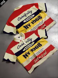 Nyc 1968 Theme Striped Polo Shirt, Four-Color Wide Stripe, Retro Font Print, Vintage, Loose Fit, Comfortable, All Seasons, Casual Style