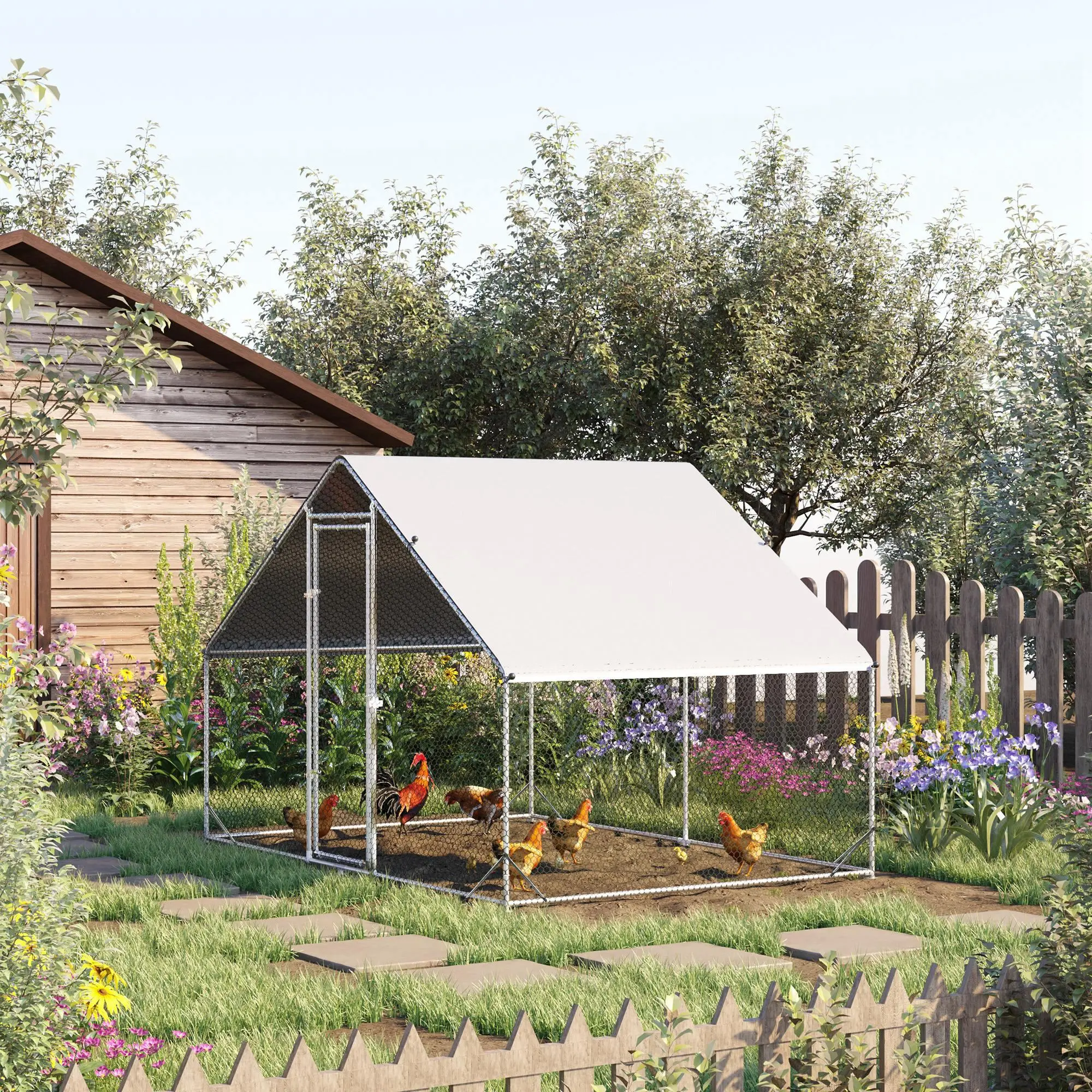 Galvanized Steel Predator-Proof Poultry Cage - Chain Link Wire, Rustproof, Water-Resistant, Shaded Space, Simple Assembly, Connectable with Wooden Coop, 6.6ft Height, 9.8ft Length for Chicken/Duck Farm Animal Keeping, Single Unit