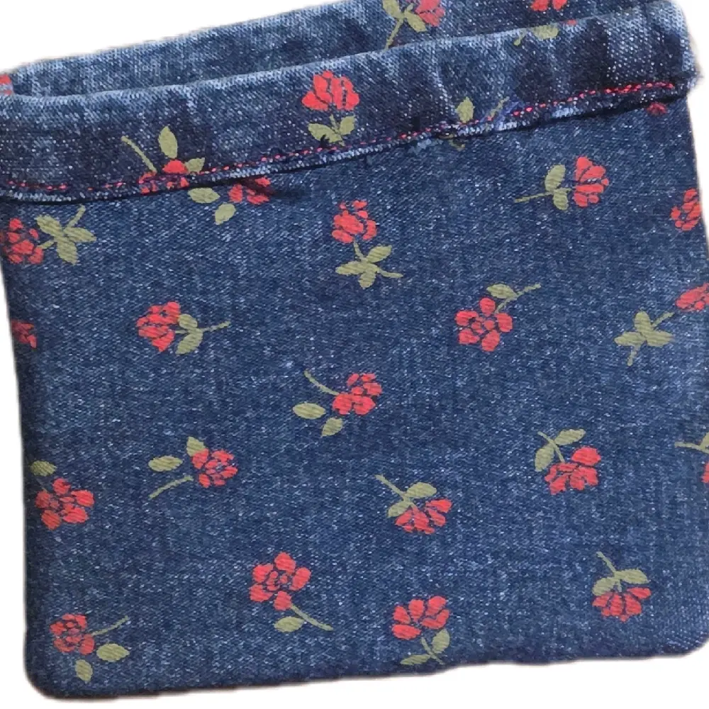 Floral Denim Wallet - Blue Denim with Red Flowers