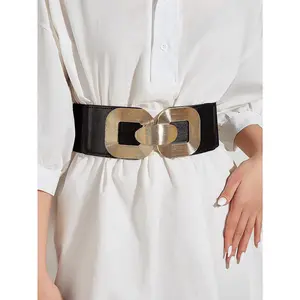 Women Wide Elastic Waist Belt for Dresses Fashion Gold Buckle Stretchy Leather Waistband for Ladies