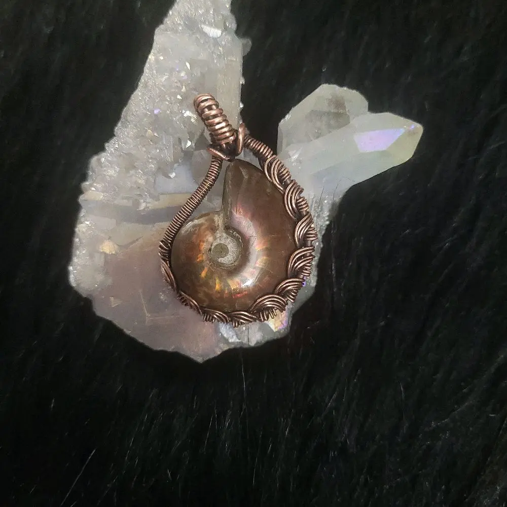 Ammonite Pendant with Copper Wire Wrap - Unique Handcrafted Jewelry Piece for Women and Men