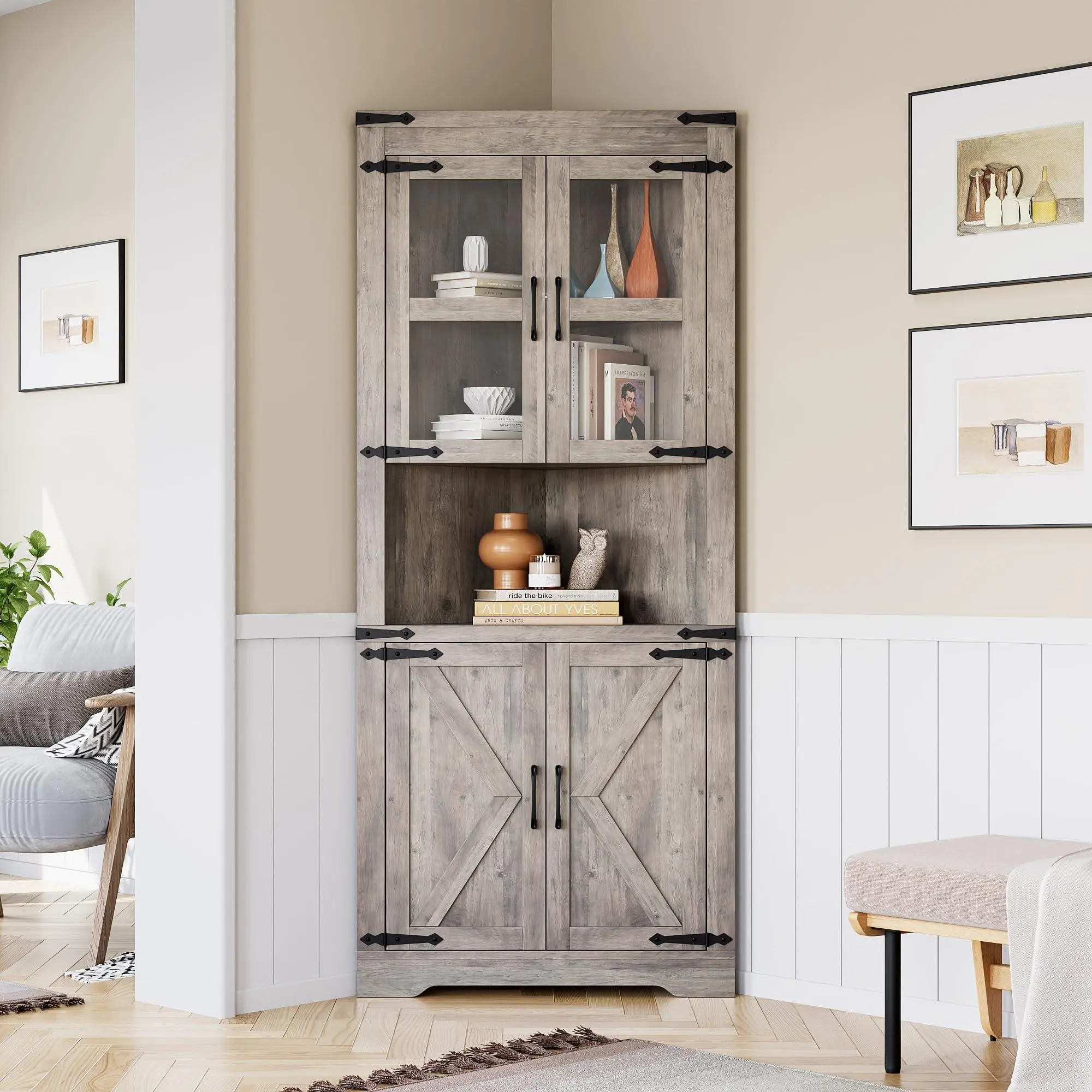 Farmhouse Corner Cabinet, Tall Corner Storage Cabinet with Glass Door & Adjustable Shelves, Bathroom Cabinet with Storage for Living Room, Kitchen, Bathroom, Washed Grey