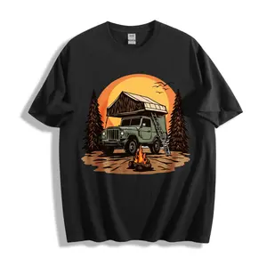 Casual Outdoor Style Unisex T-Shirt Camping Adventure With Jeep And Campfire Design Perfect For Nature Lovers And Road Trips Ideal Gift For Travel Enthusiasts And Adventure Seekers