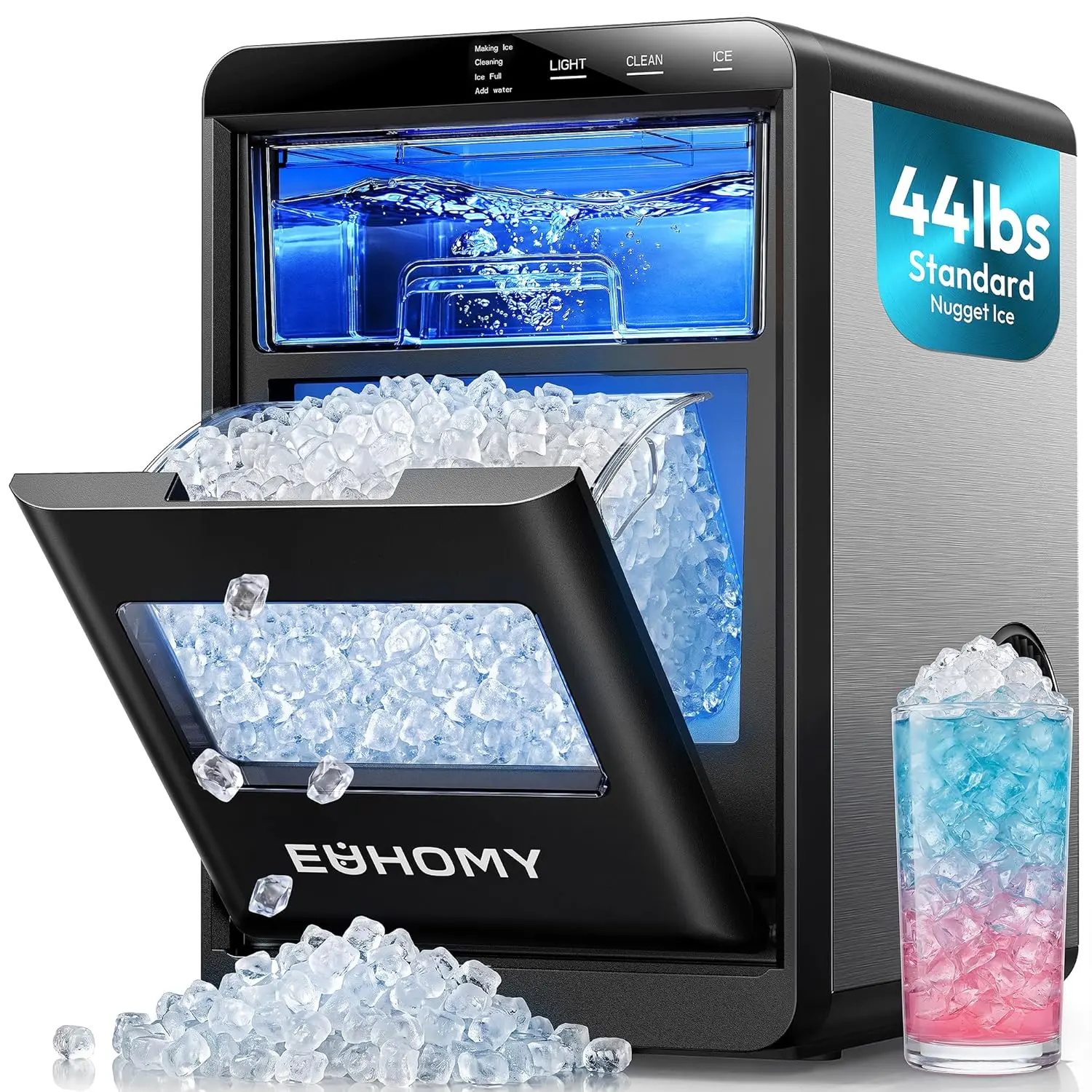 【 LIVE】EUHOMY：Nugget Ice Maker Countertop, 44Lbs/24H Pebble Ice Maker Machine, Self-Cleaning Pellet Ice Machine with Ice Scoop&basket, Sonic Countertop Ice Machine for Home/Kitchen/Office(Black)