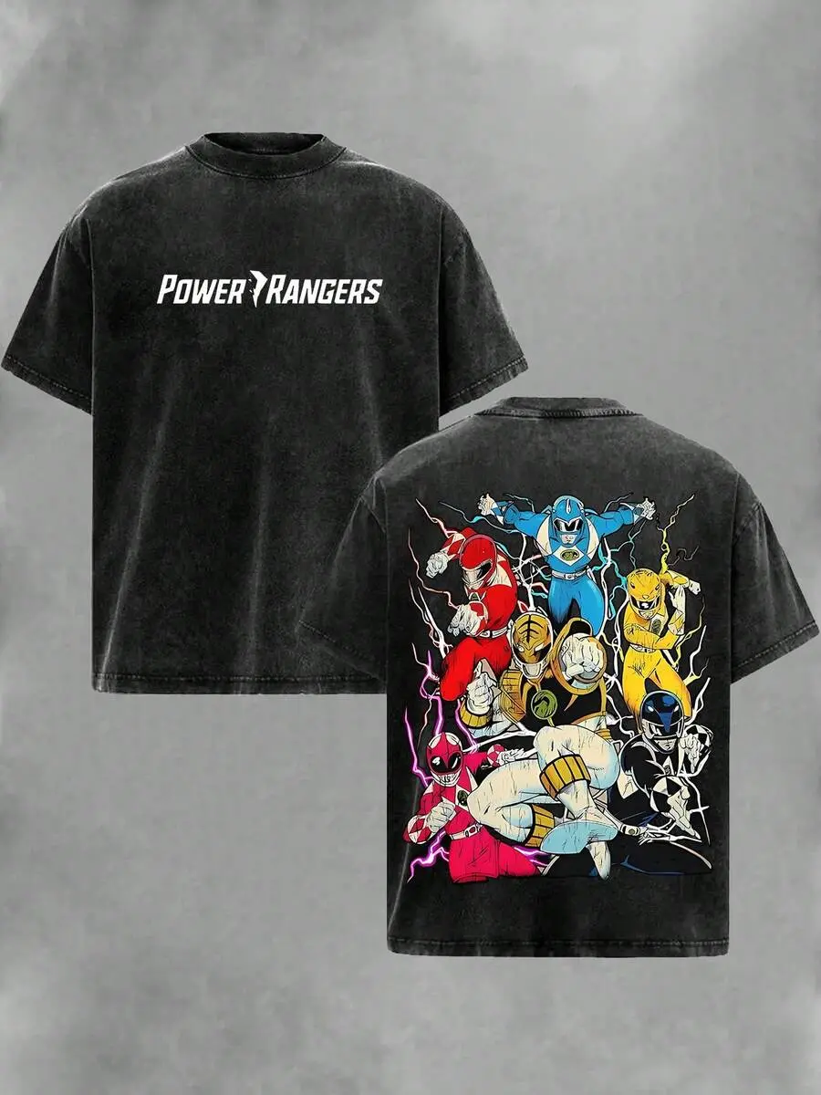 Unisex Retro "Colorful Rangers" Double-Sided Vintage Washed Heavyweight Cotton T-Shirt - Lightning Squad Graphic, Short Apparel, Relaxed Fit, Seamless, Breathable Oversized Streetwear Top, Ideal Gift for 90s Fans, Casual, Classic