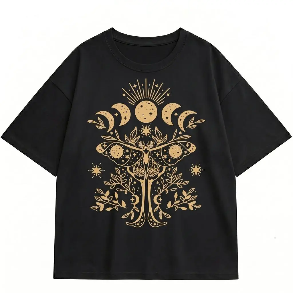 Celestial Moth Graphic Tee Women Boho Moon Phase Shirt Mystical Botanical Plus Size Top