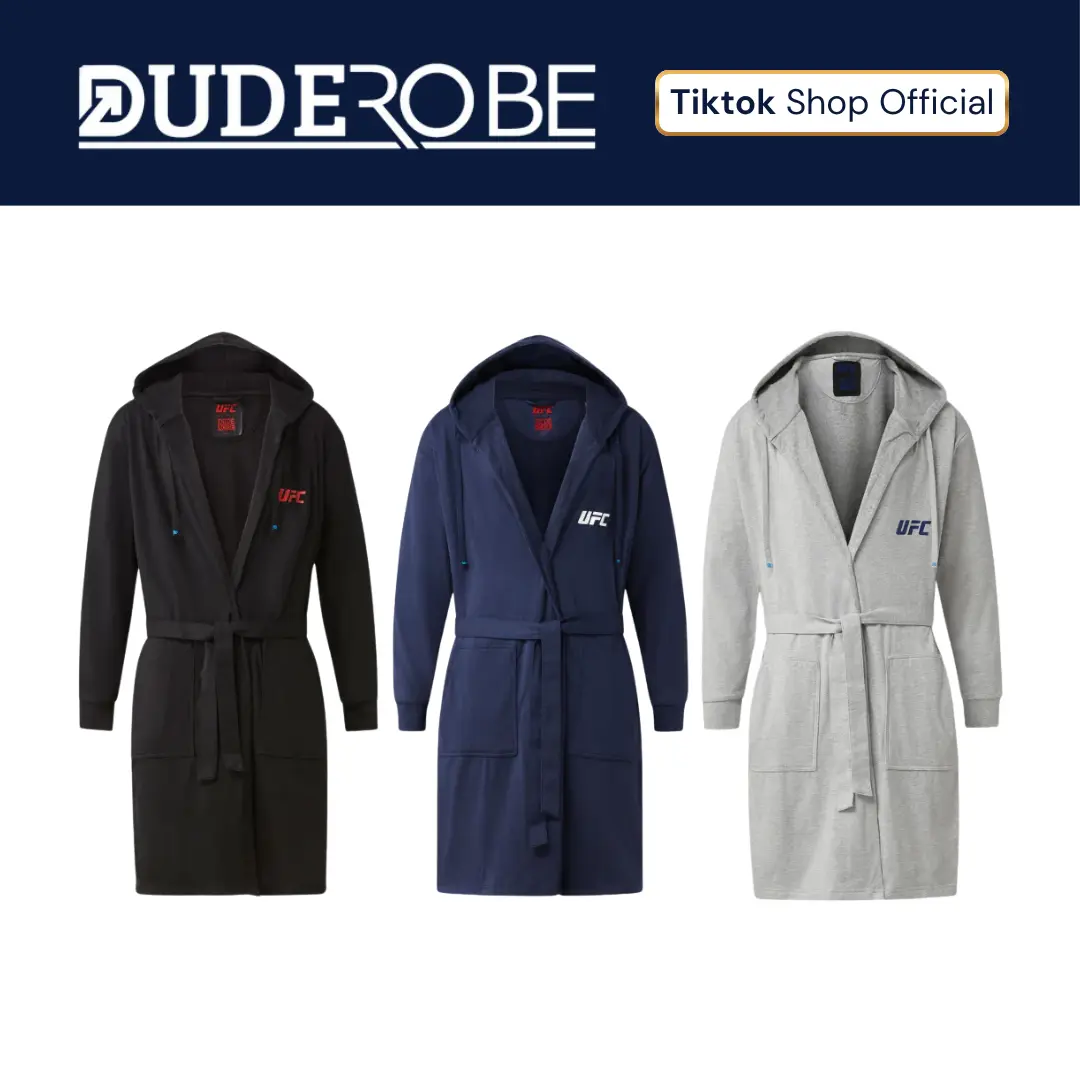 Men's Hooded Wrap Bathrobe - Menswear Casual Loungewear, Full-Sleeve Comfy Sweatshirt with Towel Lining, Relaxed Fit, Attached Belt Tie, Logo Detail, Hidden Pocket, Pockets Men's Robes
