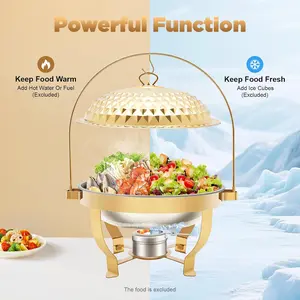 Chafing Dishes for Buffet, 8.5Qt /8L Stainless Steel Round Buffet Chafer, Gold Hanging Lid Dining Stove, Buffet Server and Warmer Set, Countertop Warming Tray for Parties, Dishwasher Safe Bakeware