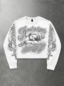 Cross Angel Long Sleeve T-shirt for Men and Women, Short Style, Loose Spring and Autumn, 2026 New Casual Shirt, Geometric Aesthetic Pattern, European and American Trendy Brand, American Retro T-shirt, Vintage, Y2K