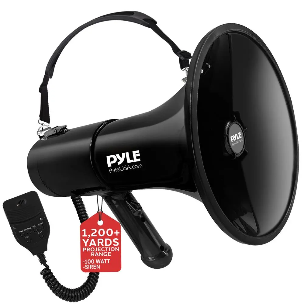 100W Megaphone Bullhorn - Black  | 1200 Yards Range Loudspeaker with Siren Mode, Adjustable Volume Control & Talk/Music/Siren 3 Modes - Portable Handheld Speaker with Strap for Coach, Emergency Announcement, Commercial & Outdoor Use - Battery-Operated