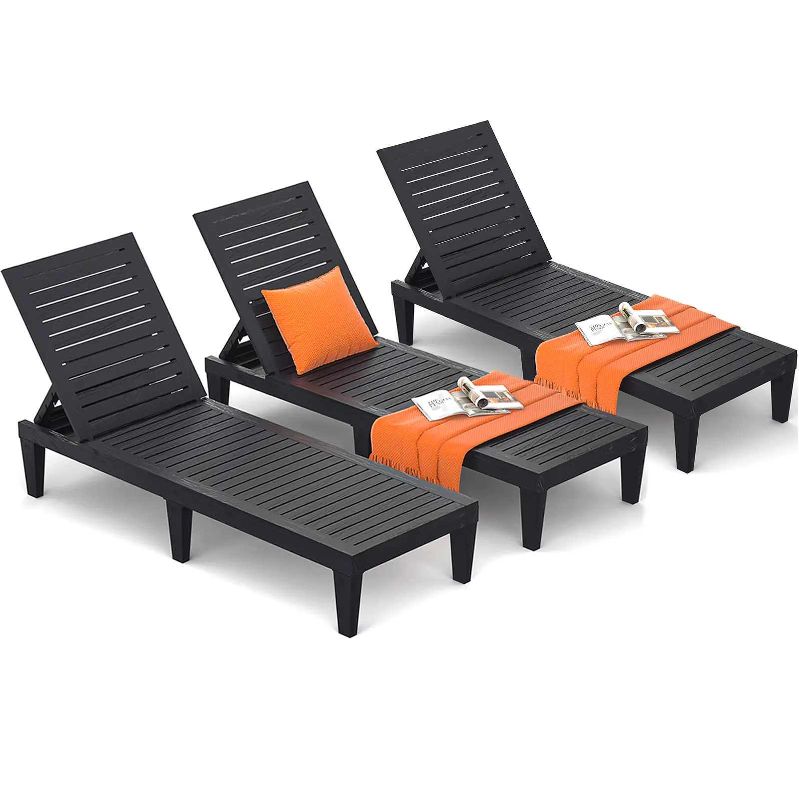 For Summer, Outdoor Chaise Lounge Chair Set of 3 for Poolside Patio, Water-Resistant Tanning Chair Recliner with Adjustable Backrest, Resin Sun Lounge