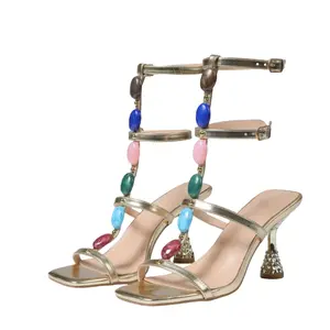 Women's Gold Classy Wedge Sandals - Squared Toe, Special Heel Design, Lightweight Summer Wedge Heels for Women