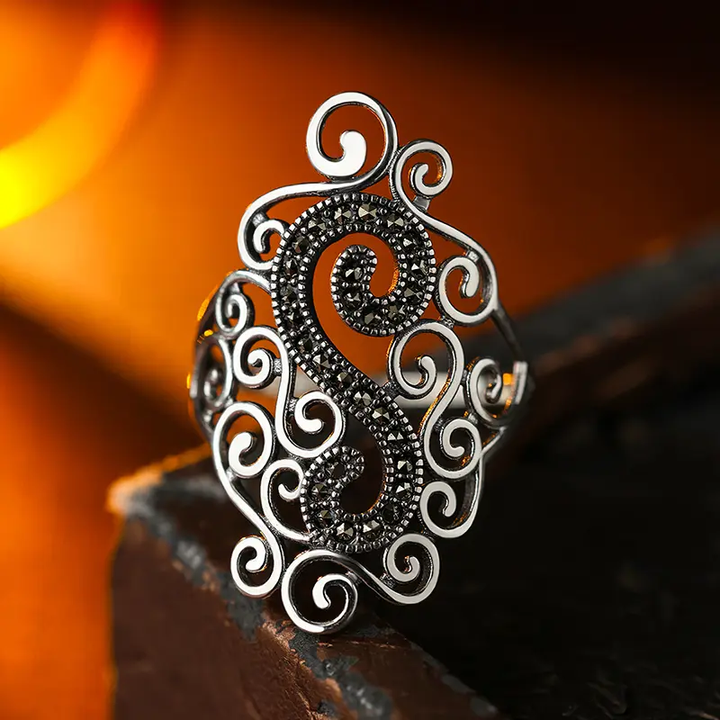 Gothic Ring for Women, Unique S925 Sterling Silver Vintage Jewelry with Intricate Hollow-Out Band and Black Zircon, Unique Rings, Festive Rings, Gothic Queen Energy