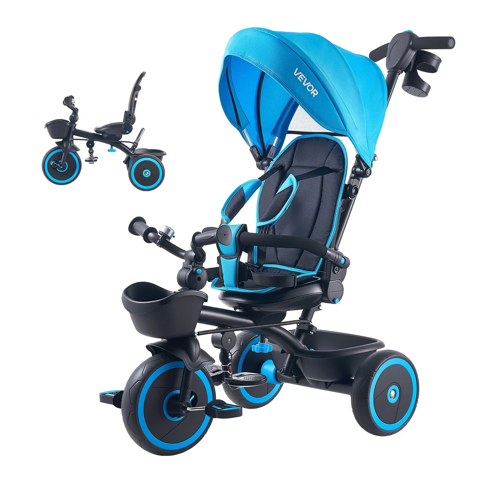 【DealsForYouDays】VEVOR 6-in-1 Unisex Toddler Trike-Folding Travel Stroller System for 1-5 Year Olds, EVA & Nylon Build, Parent Push Handle, Canopy, Adjustable Seat, Storage, Blue/Black