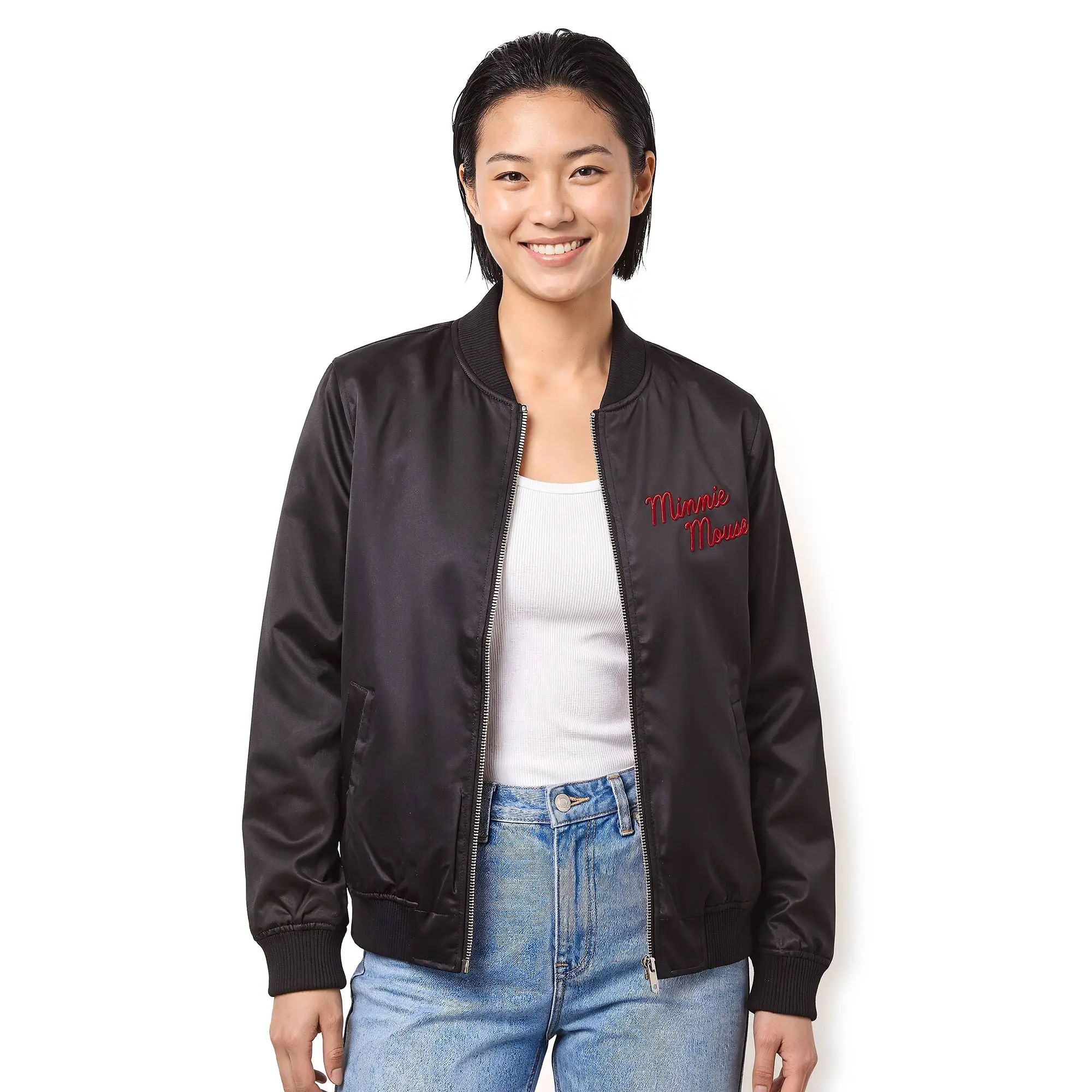 Minnie Mouse Classic Heart Pose Juniors Embroidery Bomber Jacket