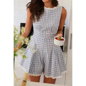 Gingham Lace-Trimmed Romper: Light Blue / XL