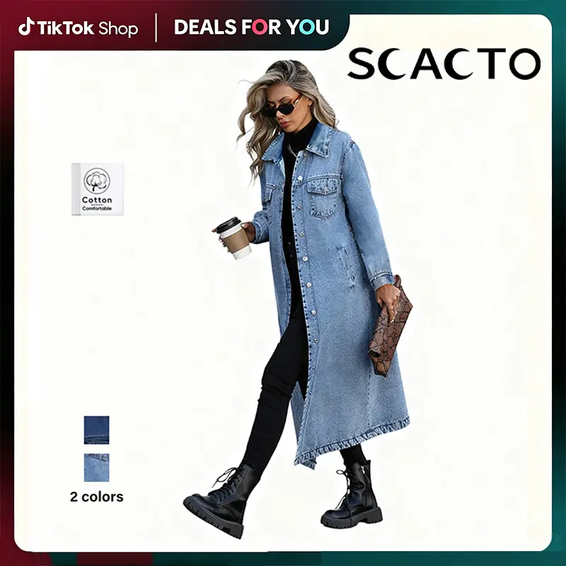 SCACTO Women's Collared Button-Front Cotton-Polyester Denim Trench Coat - Chic Long-Sleeve Elegant Outerwear, Standard Sizes for Casual Outfits & Multi-Season Use