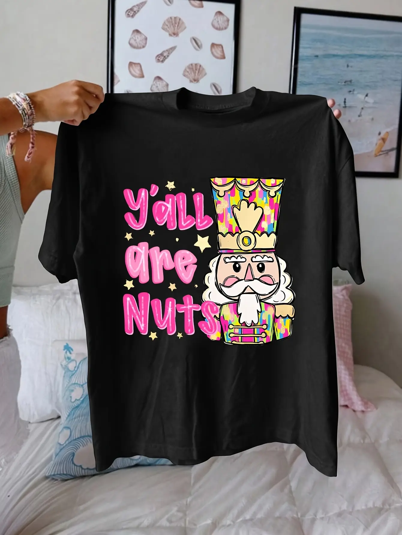 Women's Short Sleeve Round Neck Glitter Christmas Nutcracker Print Tee - Unisex Festive Holiday Apparel, Pink Stars Cartoon Graphic, "Y'all Are Nuts!" Slogan, Machine Washable Casual Top, Pair with Jeans, Nutcraker Print