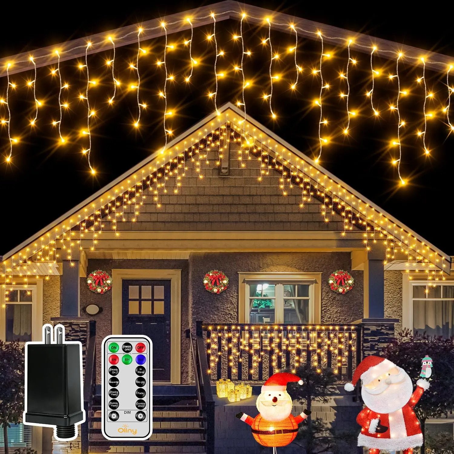 Ollny 504 LED Icicle Lights, 41FT Christmas Light Plug in Connectable Hanging Lights, IP44 Waterproof with 8 Modes Fairy Lights for Outdoor Indoor House Roof Courtyard Decoration