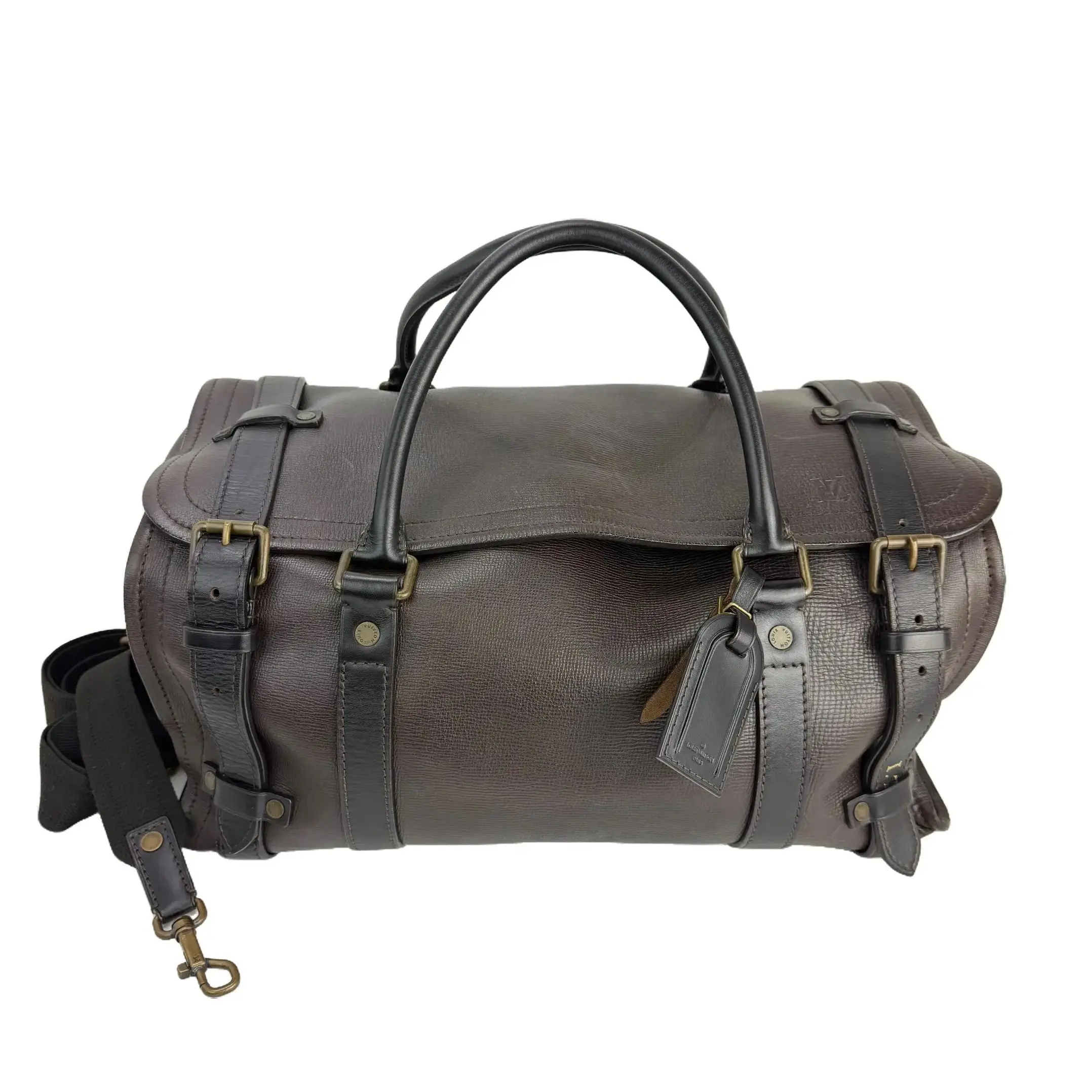 Pre-owned Louis Vuitton leather Luggage Vintage Utah Brown Weekender Travel Bag 100% Authentic, Antique Brass Hardware, H 10'' x L 19.8'' x W 10'', Has Initials on Strap