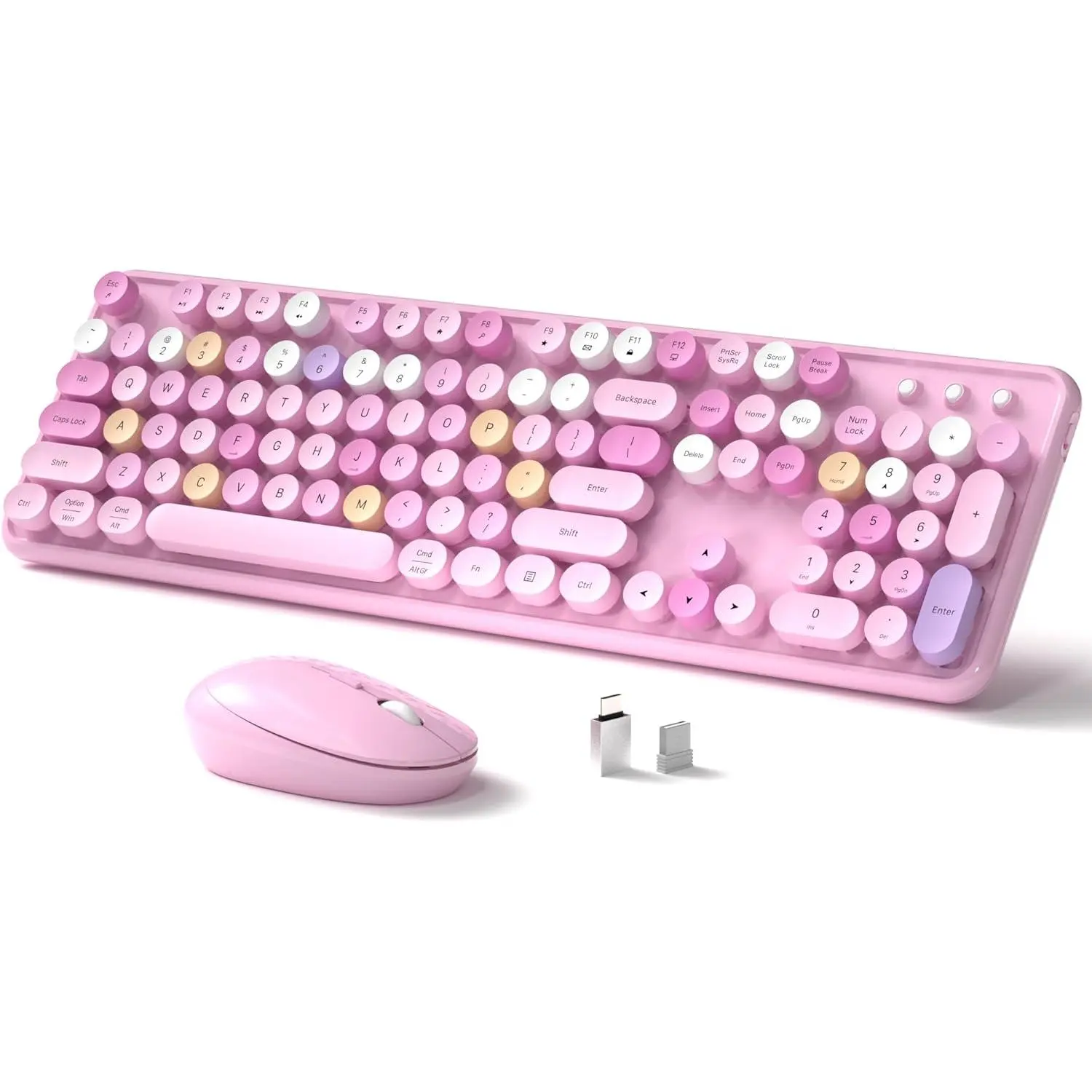Keyboard and , Full-Size Retro Typewriter Keyboard with Round Keycaps, 2.4GHz for Windows, , Laptop, PC, Desktop (Pink Colorful)