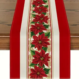 1PC Watercolor Pattern Poinsettia Red Christmas Table Runner - Seasonal Theme Winter Xmas Holiday Decor for Indoor Home Party, Kitchen & Dining Table Decoration