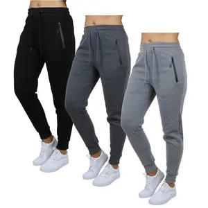 ( 3 PACK) Galaxy by Harvic 3-Pack Women's Loose Fit Fleece Jogger Sweatpants (S-2XL) - Tech Zip Black & Charcoal & Grey