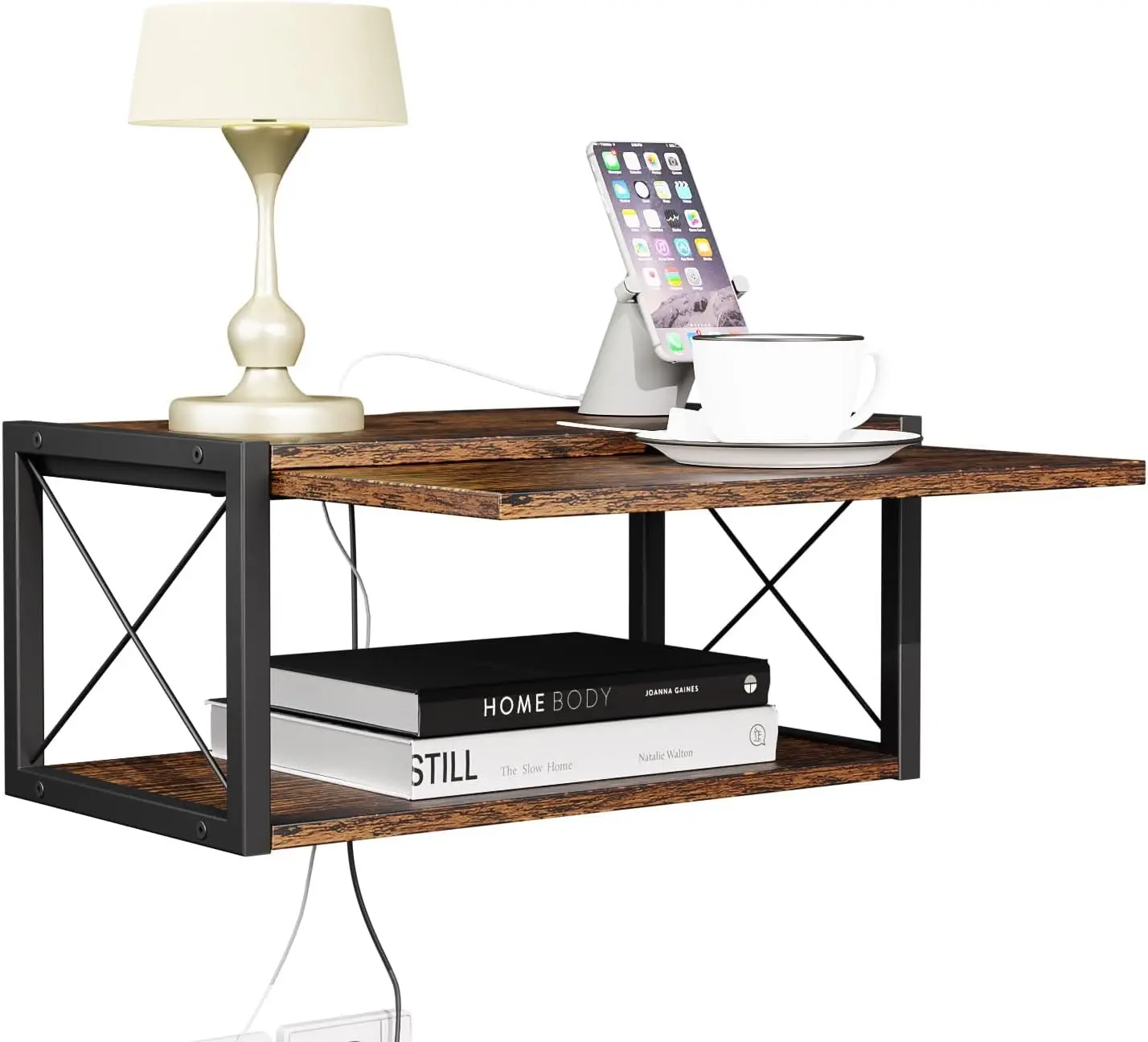 2-Tier Floating Nightstand, Wall Mounted Bedside Table, Wood Bedside Shelf, Floating Bedside Table Wall Shelf for Bedroom, Living Room, Kitchen, Office, Rustic Brown