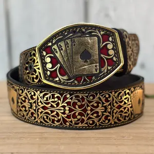 “4 Aces” Golden Laser Cut Western Belt for Men