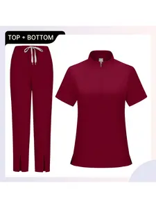 Short Sleeve Scrub Top Straight Pants Quick Dry Solid Color Set Unisex Workwear Uniforms For Doctor Nurse SPA Beauty Salon