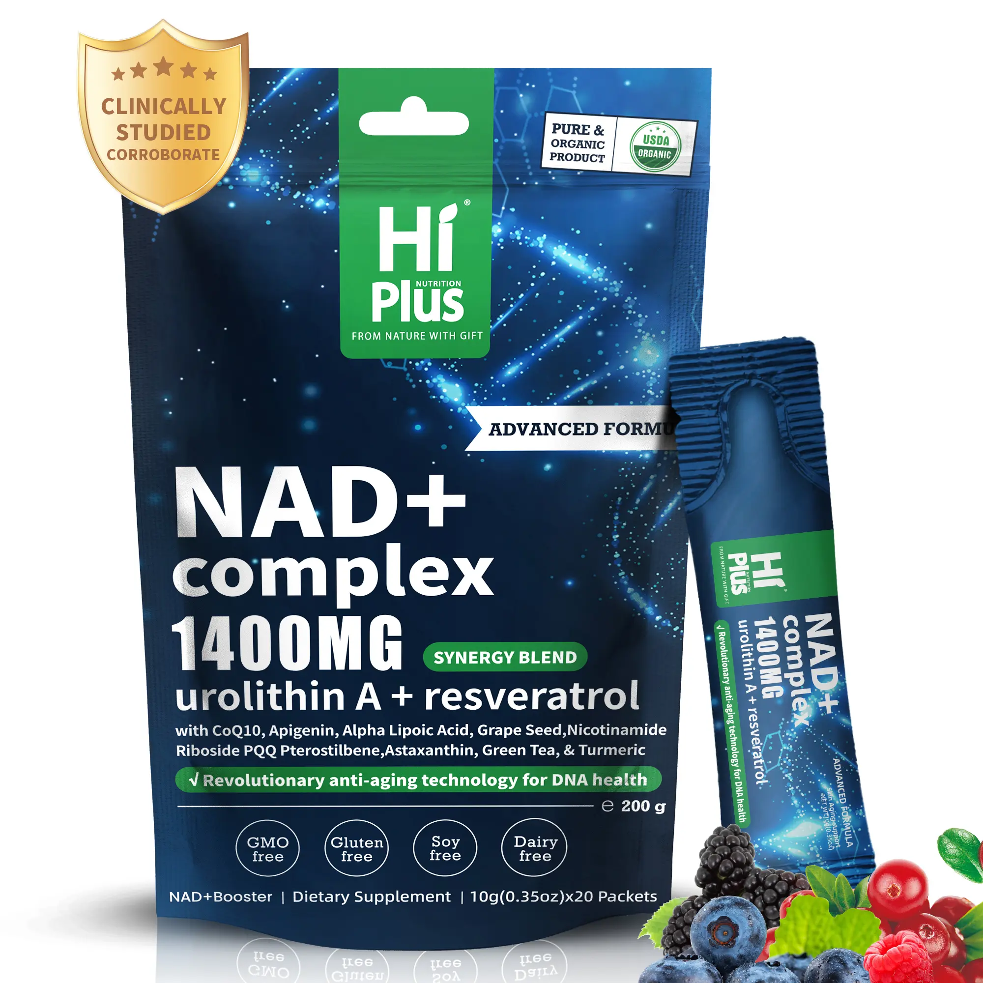 HiPlus NAD+ Complex 1400mg Organic GMO-Free Edible Dietary Powder - Berry Flavor Vitamin Drink with Urolithin A, Resveratrol, Extra Strength NMN Alternative, 20 Bottles Energy-Boosting Supplements for Body Health & Detox Organicproduct Nmnalternative