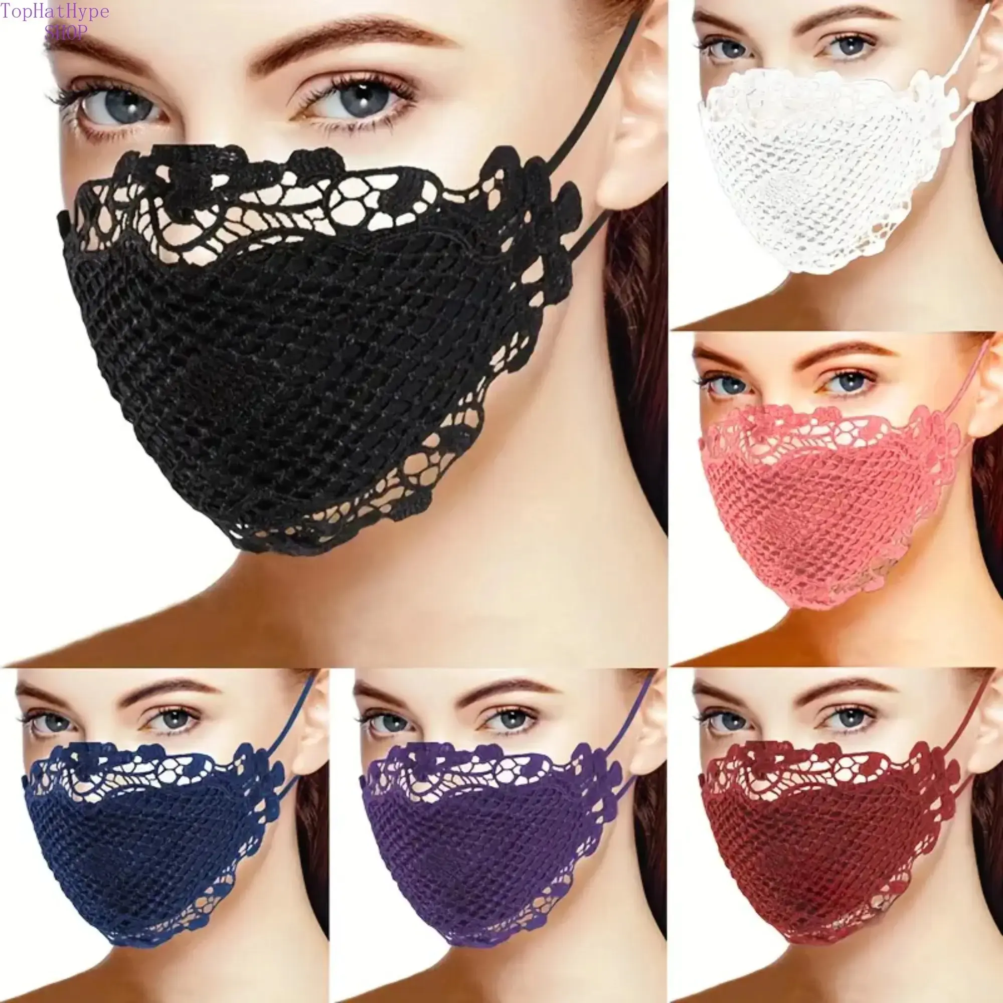 Women's 4-Piece Floral Lace Face Mask Set, Sheer Protective Fashion Masks, Breathable, Washable and Reusable for Casual Summer Parties, Protective Face Mask, Safety Reusable Mask